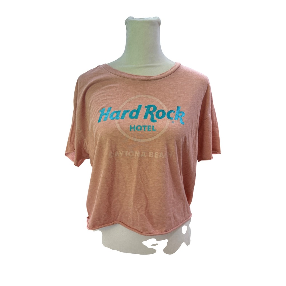 Hard Rock Hotel Daytona‎ Beach Graphic Crop T-Shirt Peach Teal Logo Raw Hem XL